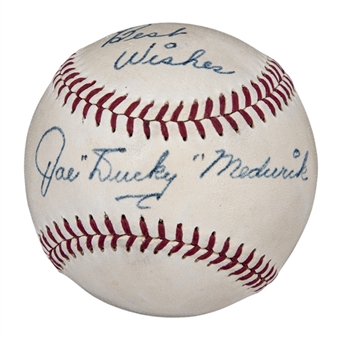 Worlds Finest Joe "Ducky" Medwick Signed OAL Harridge Baseball (PSA/DNA Nr-MT 8 & JSA) 